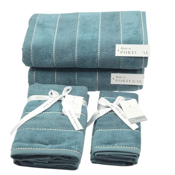 Felpinter 6pc 100% Cotton Towels Set Dark Aqua Stitched Stripe Made in Portugal - Picture 4 of 11